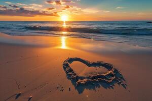 AI generated Romantic Sunset Heart on Sandy Beach photo
