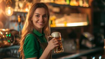 AI generated Cheerful Bartender Serves Beer for St Patricks photo