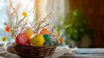AI generated Easter Celebration, Colorful Eggs and Flowers photo