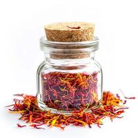 AI generated A glass spice jar with dried saffron threads isolated on a transparent background photo