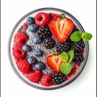 AI generated A bowl of organic chia seed pudding with fresh berries top view isolated on a transparent background photo