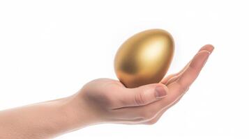 ai generado dorado huevo en mano, riqueza símbolo foto