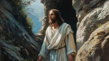 AI generated Jesus at Cave Entrance   Easter Scenery photo