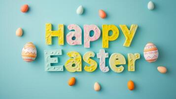 AI generated Easter Greetings, Sponge Text and Eggs photo