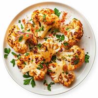 AI generated A plate of roasted cauliflower steak with a sprinkle of paprika top view isolated on a transparent background photo