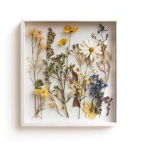 AI generated A modern transparent picture frame with a pressed wildflower arrangement isolated on a transparent background photo