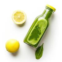 AI generated A bottle of cold pressed green juice with a slice of lemon top view isolated on a transparent background photo