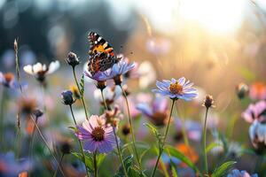 ai generado mariposa felicidad en iluminado por el sol floral prado foto