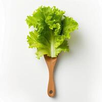 ai generado un minimalista madera de haya ensalada servidor con un oferta joven lechuga hoja aislado en un transparente antecedentes foto