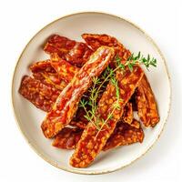 AI generated A dish of tempeh bacon strips with a sprig of thyme top view isolated on a transparent background photo