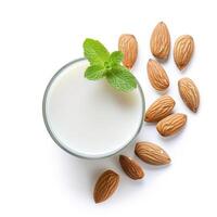 AI generated A glass of almond milk with a sprig of mint top view isolated on a transparent background photo