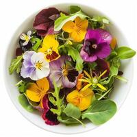 AI generated A bowl of edible flower petal salad with a drizzle of lemon vinaigrette top view isolated on a transparent background photo