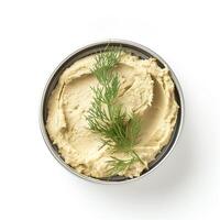 AI generated A container of vegan cashew cheese spread with a sprig of dill top view isolated on a transparent background photo