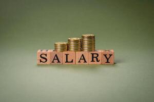 The inscription Salary made of wooden cubes on a plain background photo