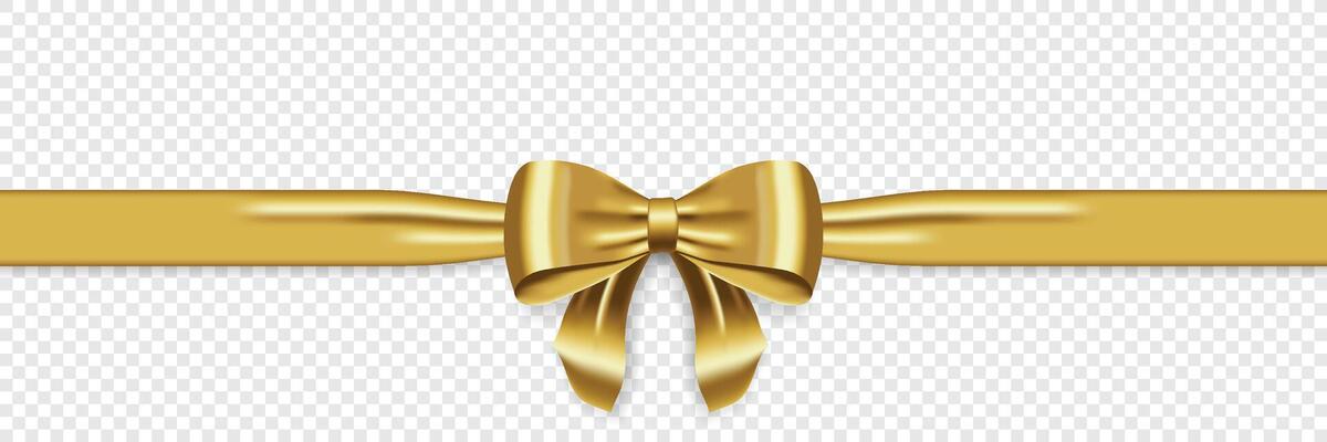 Satin decorative golden bow with horizontal yellow ribbon. Realistic gold bow for decoration design. Element for decoration gifts, greetings, holidays