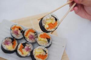 Sushi rolls on a plate on a white background. Japanese food photo