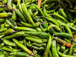 Backdrop of green chilli peppers texture background. Close up view with copy space for design photo