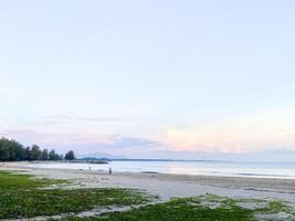 el arenoso apuntalar de playa estiramientos a lo largo el costa, Proporcionar un sereno y tranquilo ambiente para bañistas buscando un pacífico escapar. foto