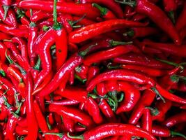 Red hot chilli peppers texture background. Close up view with copy space for design photo