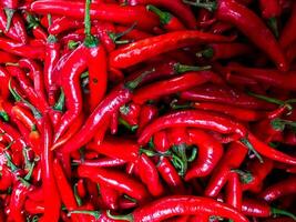 Red hot chilli peppers texture background. Close up view with copy space for design photo