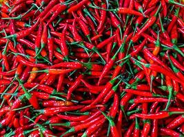 Red hot chilli peppers texture background. Close up view with copy space for design photo