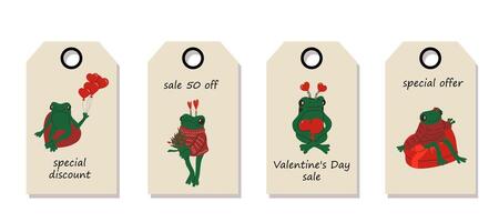 Vector set of discount price tags. Labels with Cute frog with valentines decorations. Valentine's day sale.