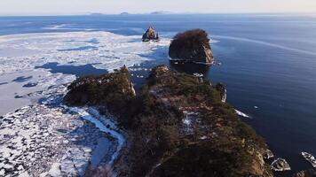 Drone view of ice floes floating in the sea near the shore video