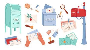 conjunto de correo elementos. sellando cera, postal sobres y tarjetas diferente buzón de correos. entrega, mensaje, comunicación concepto. aislado vector ilustración.