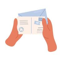 Human holds an envelope with a postcard in his hands. Send and receive letters. Delivery, message, communication concept. Isolated vector illustration.