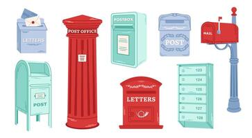 Set of postal letterboxes, postboxes, mailbox for delivery envelopes, parcels. Hand drawn vector illustration isolated on white background.