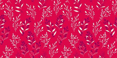 Simple shapes gently floral seamless pattern. Bright red background with tiny branches, leaves, spots, drops. Vector hand drawn. Template for design, textile, fashion, print, surface design