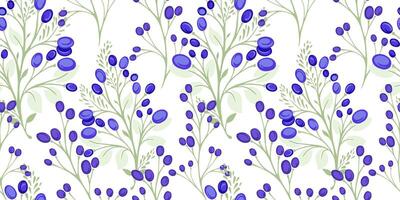 Seamless pattern with decorative creative branches leaves with shapes drops, spots, dots. Abstract stylized floral stems with blue berries on a white background. Vector drawn illustration.