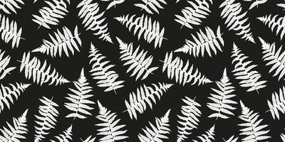 Seamless pattern with abstract shape leaves stems fern. Simple stylized plant leaf ornaments on a dark background. Vector hand drawn sketch. Template for design, fashion, textile, fabric, printing