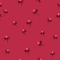 Minimalist seamless pattern with rose flowers buds. Simple abstract floral painting on a burgundy background. Vector hand drawn sketch. Design for printing, fabric, fashion, textile