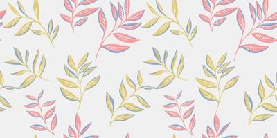 The trendy minimalist stems leaves pattern is scattered randomly. Simple light background with abstract garden leaf branches. Vector hand drawn. Template for design, textile, fashion, print, fabric