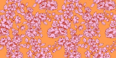 Artistic abstract stylized floral intertwined in a seamless pattern. Textured meadow tapestry. Vector hand drawn. Bright pink shape silhouettes flowers on a yellow background. Template for design