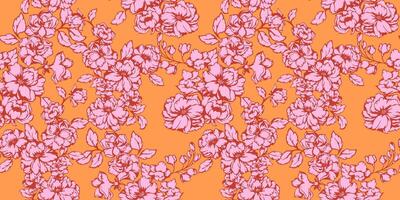 Artistic abstract stylized floral intertwined in a seamless pattern. Textured meadow tapestry. Vector hand drawn. Bright pink shape silhouettes flowers on a yellow background. Template for design