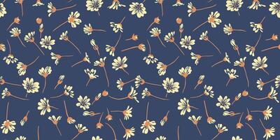 Artistic tiny flowers seamless pattern. Vector hand drawn sketch. Dark blue floral print. Template for design, fabric, fashion, textile, paper, wallpaper