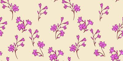 Pattern gentle, minimalistic branches flowers with buds scattered randomly. Vector hand drawn. Abstract bright purple tiny floral stems on the yellow background. Summer simple botanical printing.