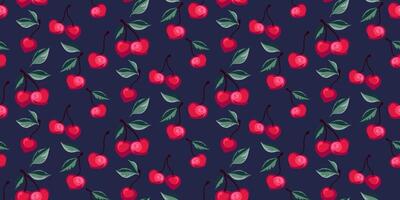 Seamless artistic stylized cherries pattern. Colorful summer berries, fruits, leaves on a dark blue background. Vector hand drawn abstract, simple cherry. Design ornament for fabric, textile