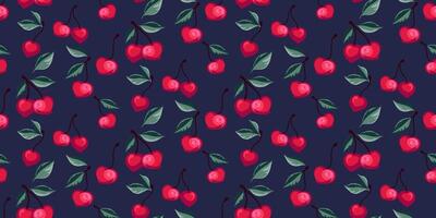 Seamless artistic stylized cherries pattern. Colorful summer berries, fruits, leaves on a dark blue background. Vector hand drawn abstract, simple cherry. Design ornament for fabric, textile