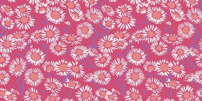 Retro vibrant seamless pattern with chamomiles floral. Vector hand drawn sketch. Blooming meadow background with textured shape ditsy flowers. Design for fashion, fabric, and textile.