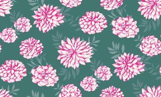 brillante rosado resumen artístico floral y forma hojas sin costura modelo en un verde antecedentes. estilizado verano o primavera flores impresión. vector mano dibujado ilustración. diseño para moda, tela