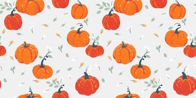 Creative stylized autumn pumpkins and tiny leaves seamless pattern on a light background. Vector hand drawn sketch. Perfect for fall, Thanksgiving, Halloween, holidays. Template for design