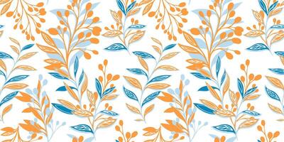 Seamless pattern with abstract, artistic, stylized leaves, branches, berries. Colorful creative floral stem background. Vector hand drawn. Template for design
