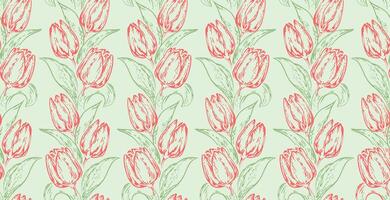 Blossoms stylized branches leaves with tulips seamless pattern. Vector drawn illustration red lines outlines flowers and green leaf.Vintage spring botanical printing on light background.