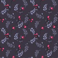 Minimalist seamless pattern with creative small branches berries and tiny abstract leaves on a dark background. Vector hand drawn. Stylized shapes floral polka dots drops, spots printing.