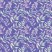 Trendy pastel leaves branches seamless pattern on a violet background. Abstract stylized tropical floral printing. Vector drawn illustration stems leaf. Template for design, textile, fashion, print