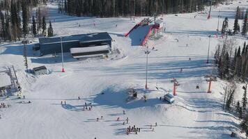 Aerial. upper stations of ski lifts in Sheregesh in winter video