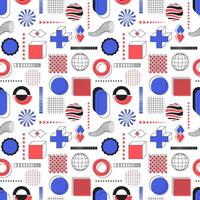 Seamless pattern with abstract graphic elements and bold geometric shapes. Circles, grid, rectangles. Red blue color objects. Bauhaus and brutalism style inspired. Vector design on white background